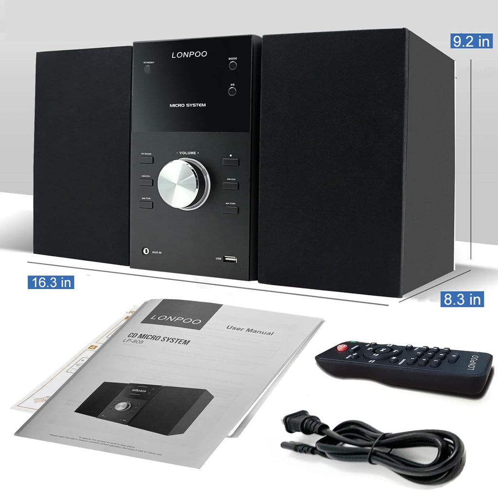 Micro Shelf System with CD Player, Bluetooth, FM Radio, USB Port, AUX-in, Remote Control, LED Display B9004