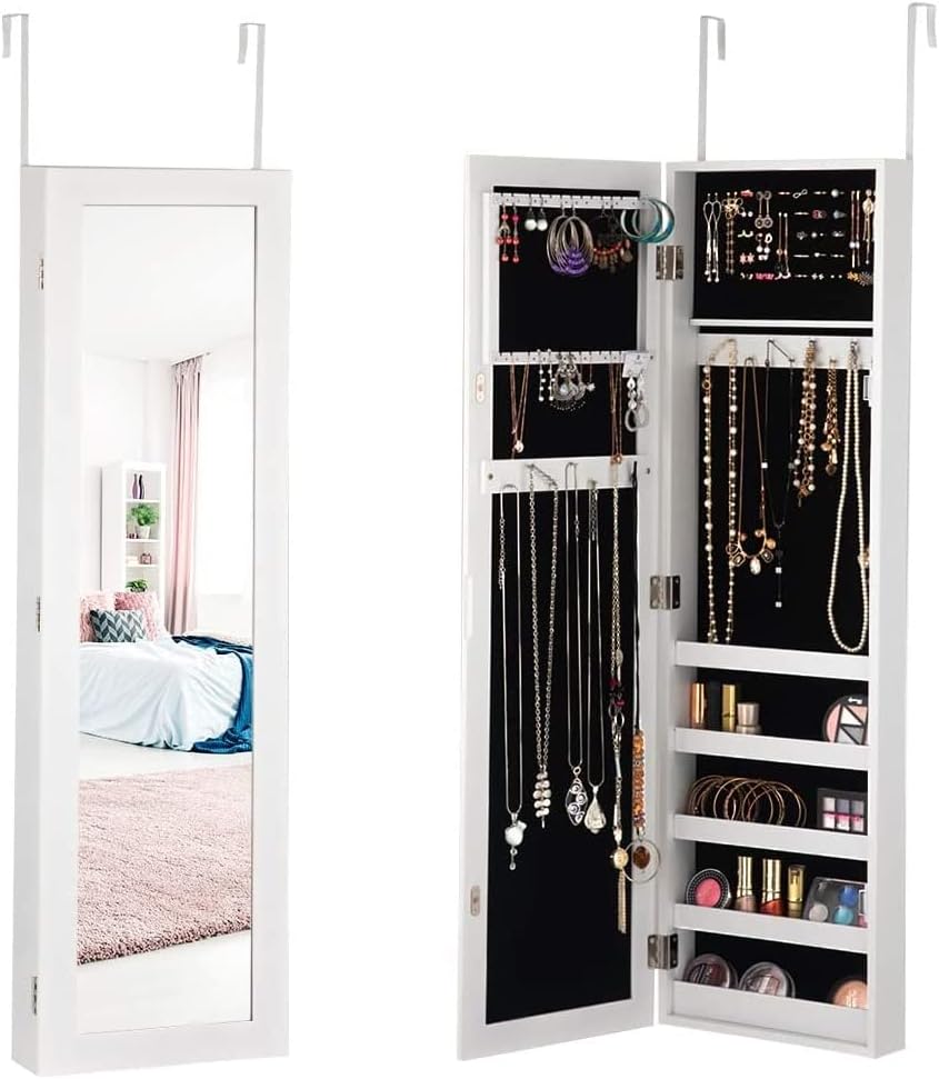 Wall Mounted Jewelry Armoire with Full-Length Mirror, 5 Shelves, 16 Hooks & 60 Ring Slots L5397