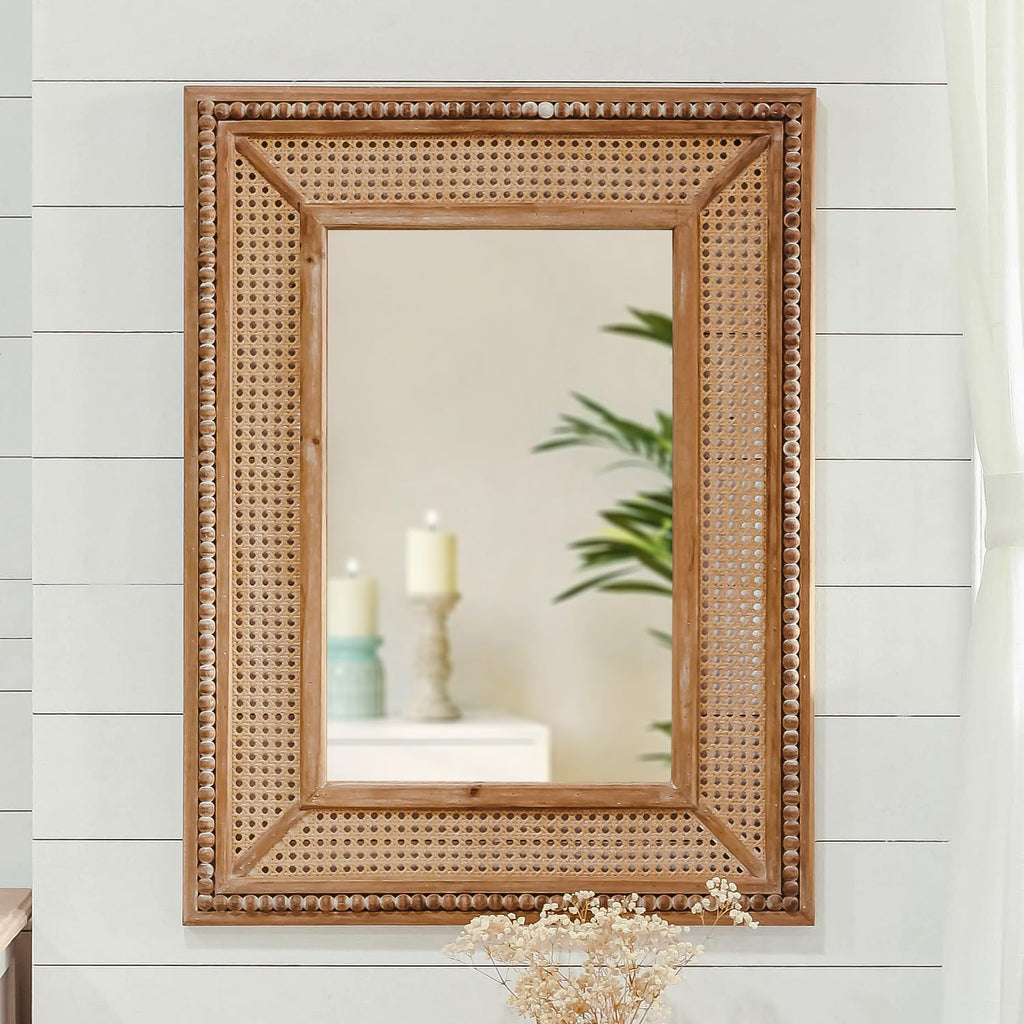 Boho Rattan Wall Mirror Wooden Framed Rectangle Mirror 24.21" x 1.18" x 32.28" N6858