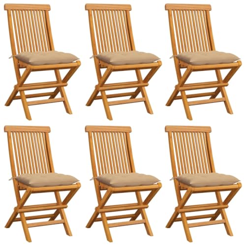 6 pcs Solid Teak Wood Folding Patio Chairs with Beige Cushions F621722