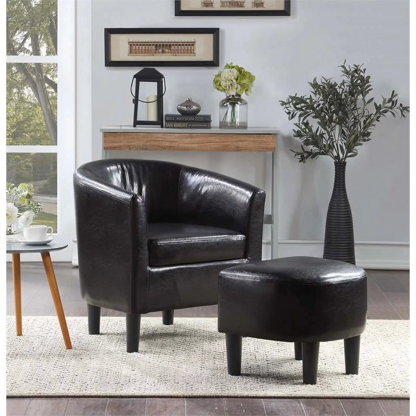 Contemporary Faux Leather Accent Chair with Ottoman in Black Z9531