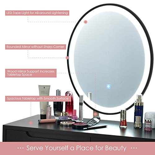 White Vanity Set with Touch Mirror, Cushioned Stool, 2 Sliding Drawers Y705474
