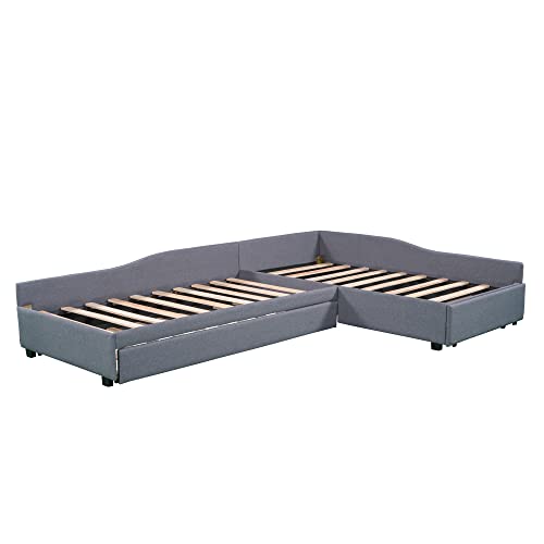 Gray Upholstered Twin Size Daybed with Trundle and Drawer N9407