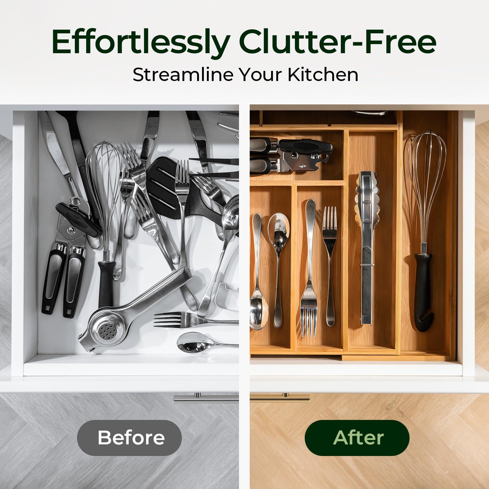 Bamboo Drawer Organizer, 10 Compartment Cutlery Tray, 2.2 Inch Deep V2791