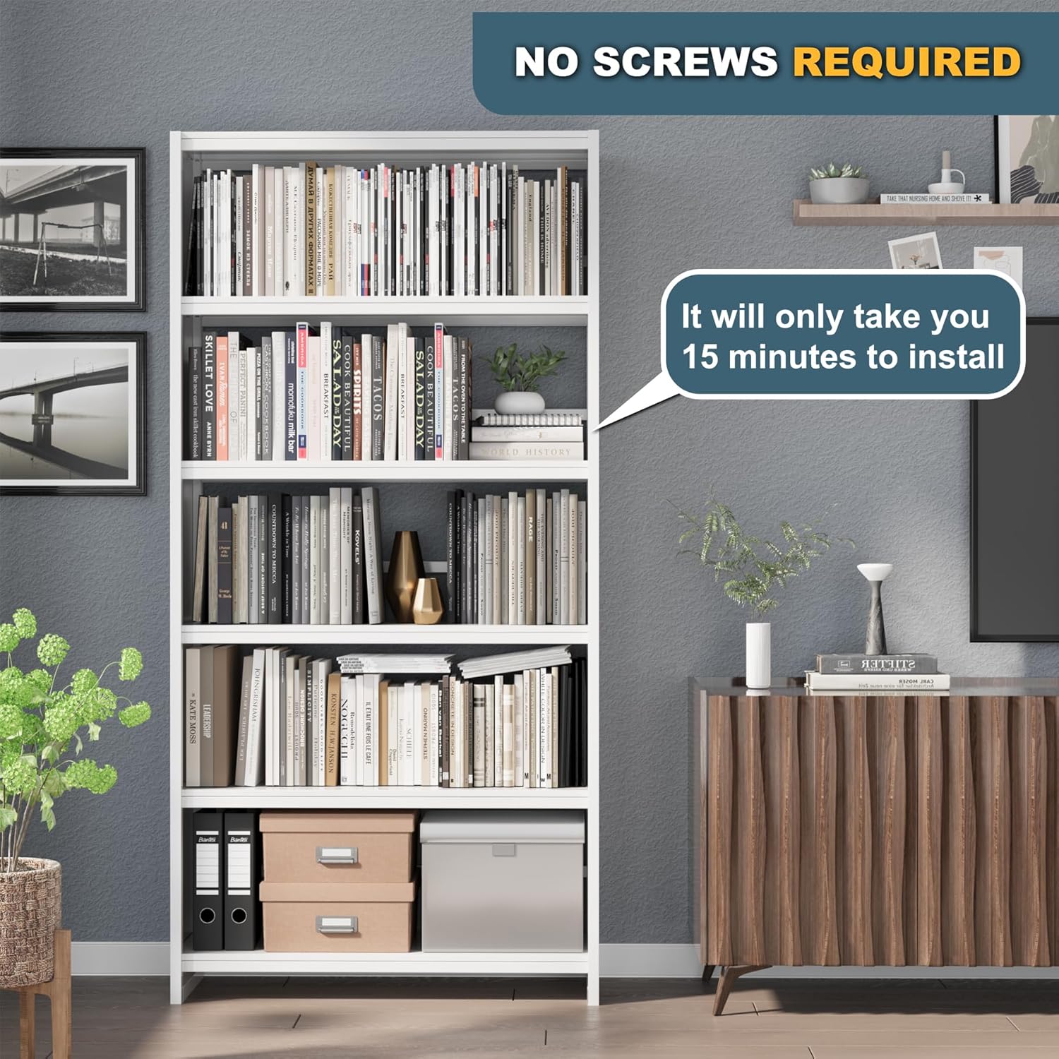 White 5 Tier Metal Bookcase G76952