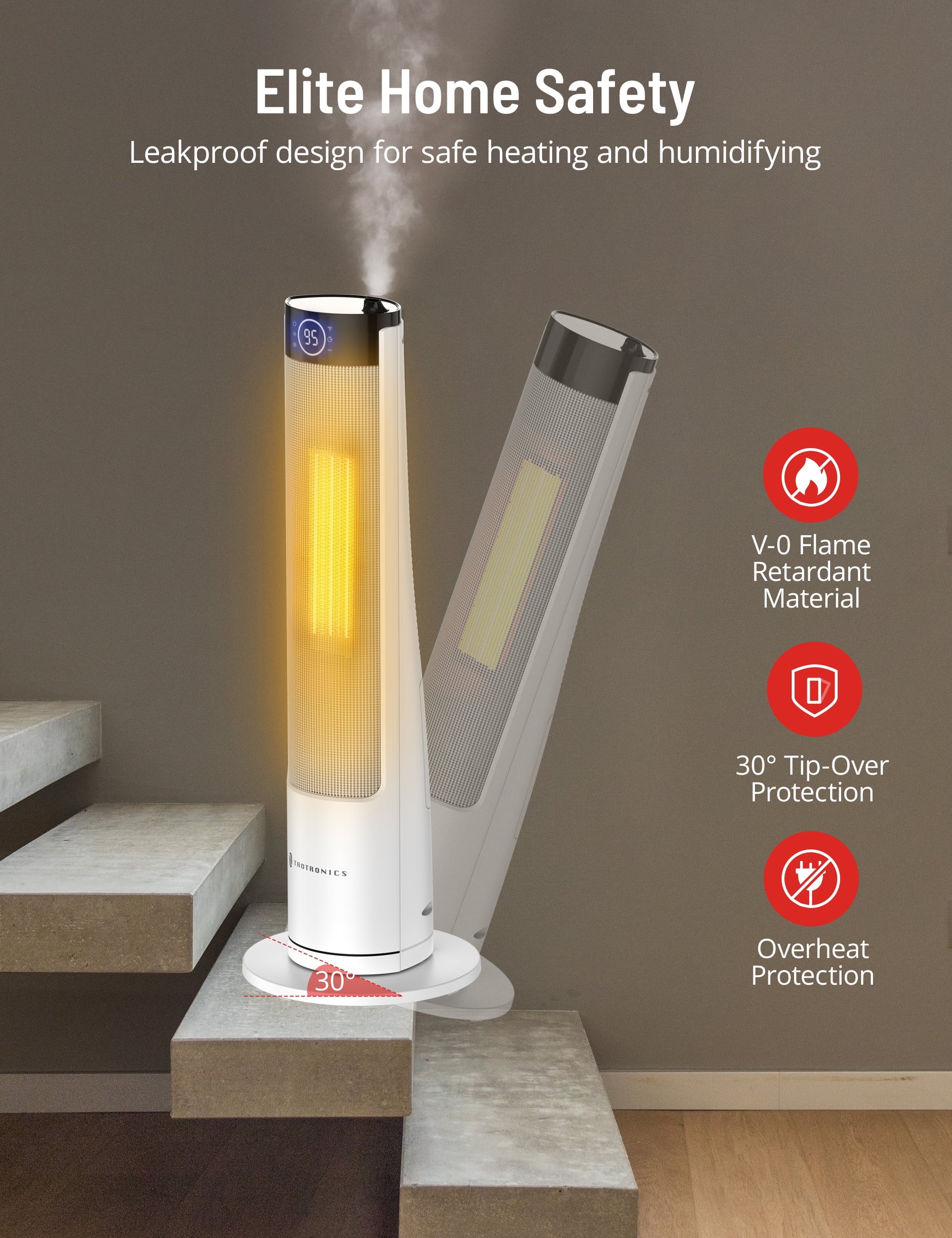 2-in-1 Tower Space Heater with Adjustable Thermostat, 3 Heat Levels, Mist, 1L Water Tank, 12H Timer M8010