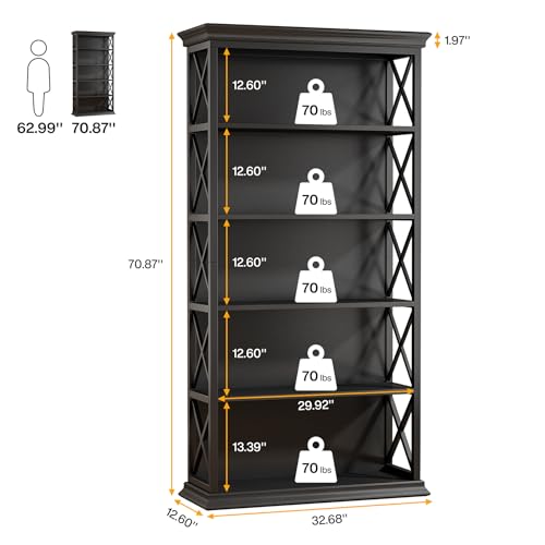 6-Tier 71 Inches Industrial Tall Bookcase, Brown and Black B792230