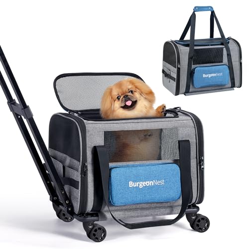Cat Carrier with Wheels, Airline Approved Pet Carrier for Cats Dogs 15 lbs with Telescopic Handle, Small Dog Carrier with Wheels Removable, Soft Rolling Cat Carrier with Large Pocket V5220