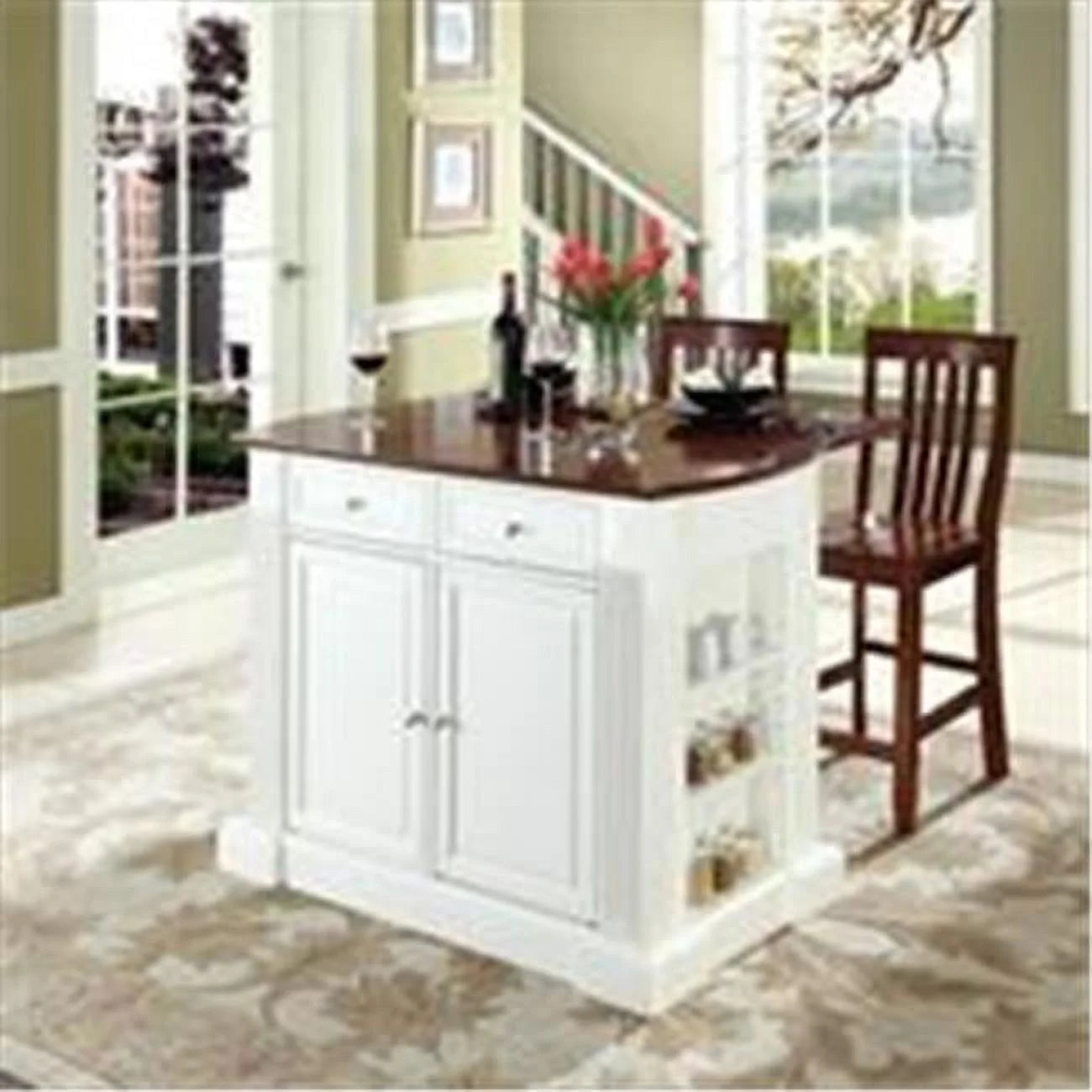 White Drop Leaf Breakfast Bar Kitchen Island with 24 in. Cherry School House Stools R9900