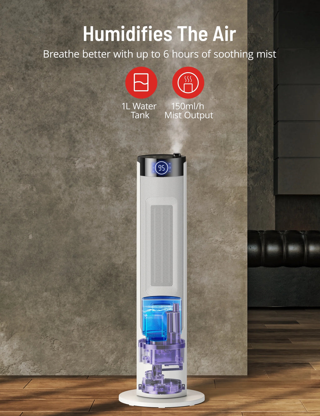 2-in-1 Tower Space Heater with Adjustable Thermostat, 3 Heat Levels, Mist, 1L Water Tank, 12H Timer M8010