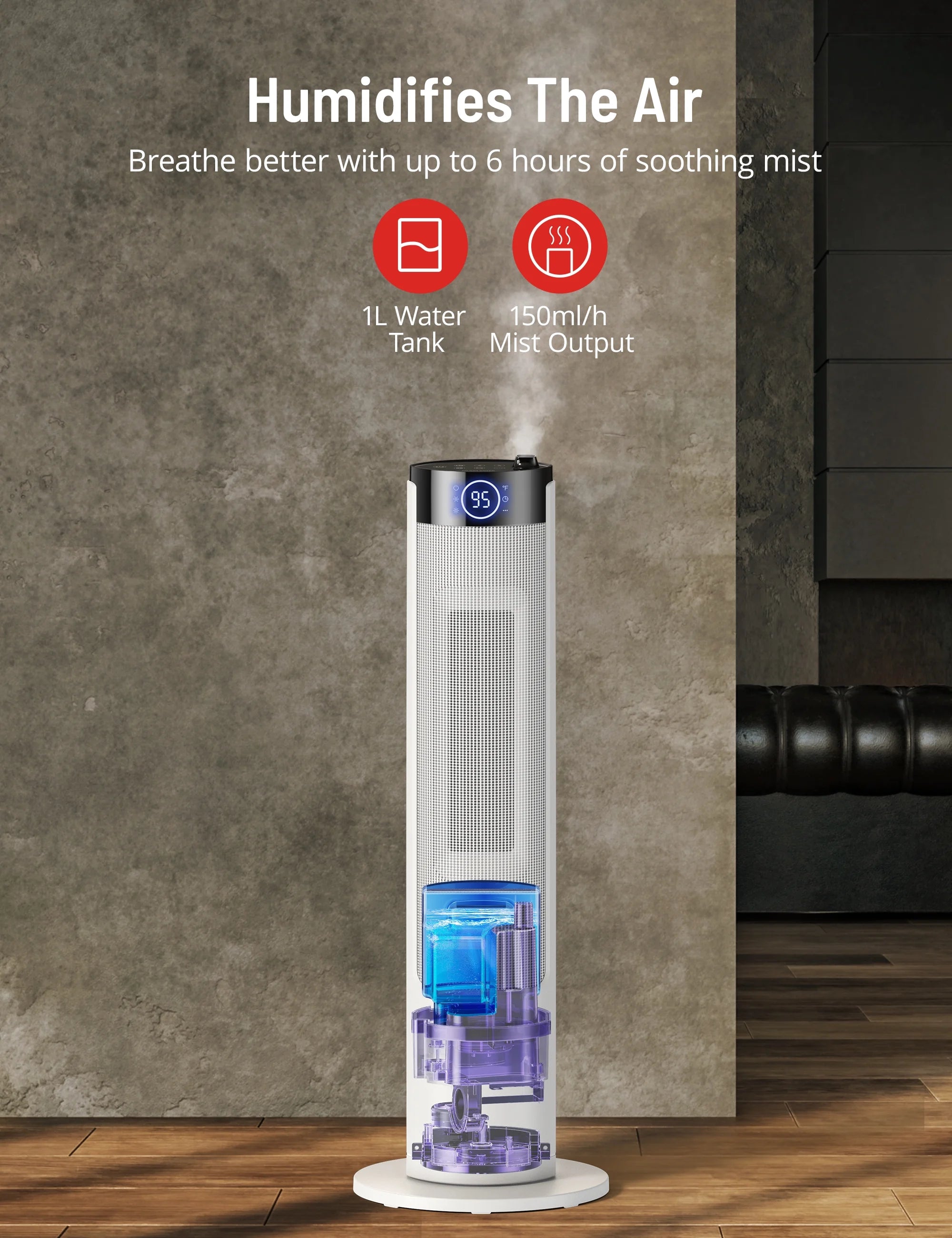 2-in-1 Tower Space Heater with Adjustable Thermostat, 3 Heat Levels, Mist, 1L Water Tank, 12H Timer M8010