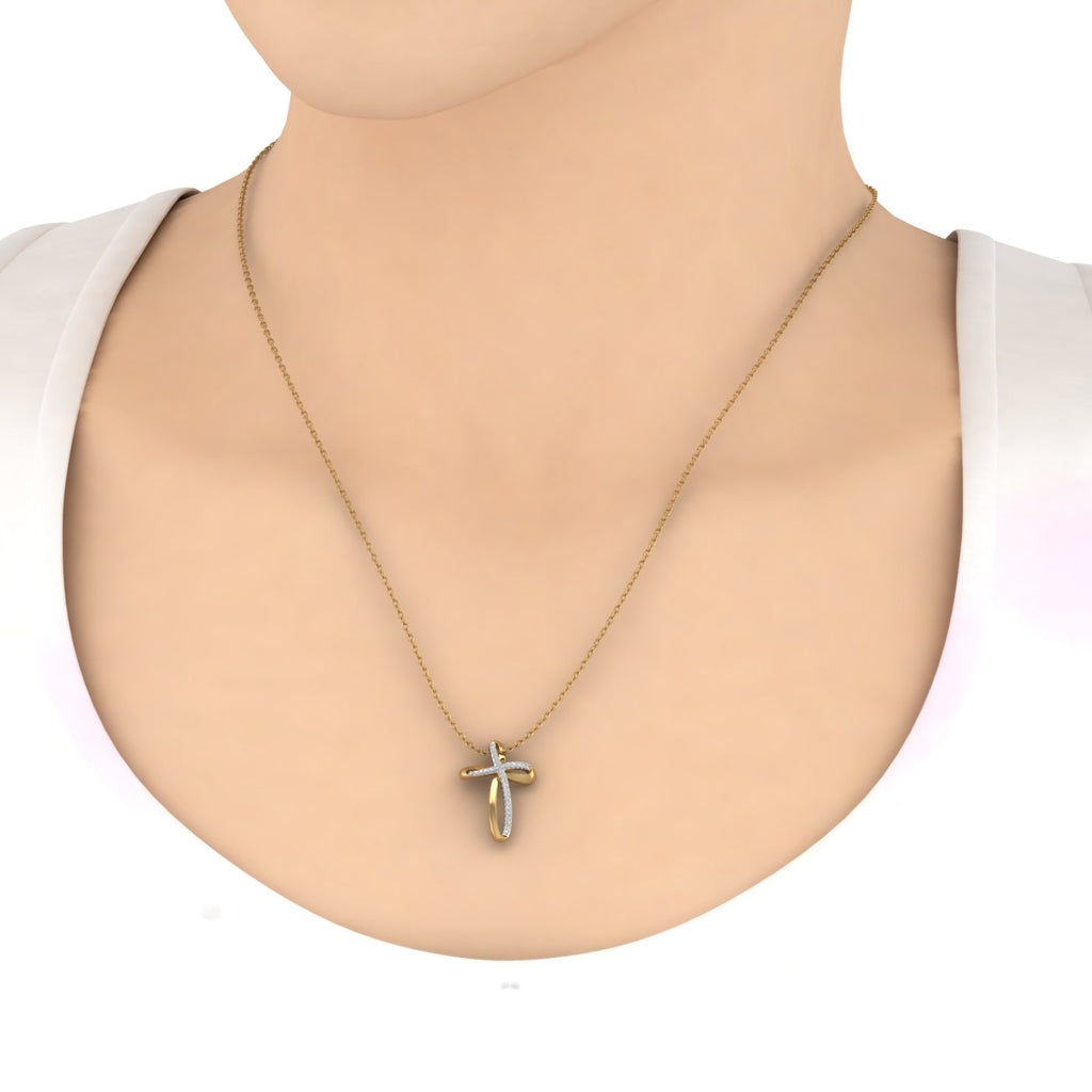 18K Yellow Gold over Sterling Silver Round Diamond Cross Pendant Necklace H94886