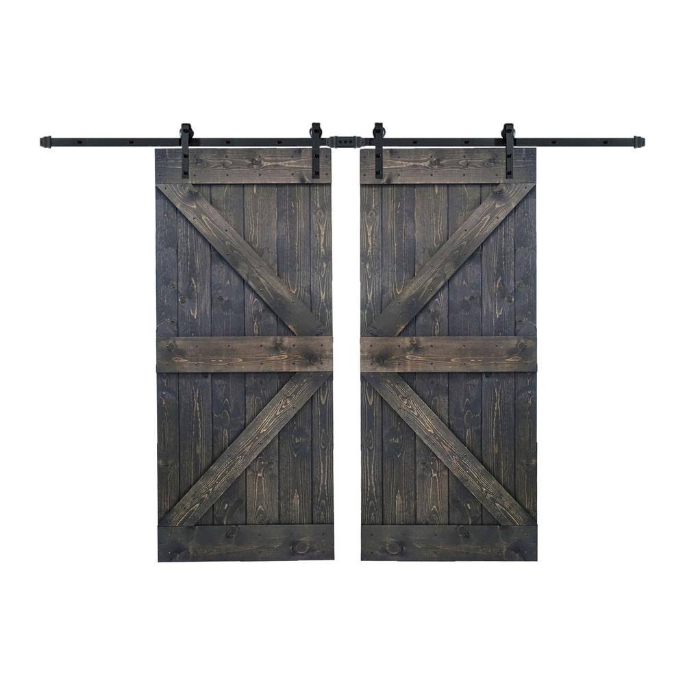 72 in. x 84 in. Carbon Gray Knotty Pine Wood Double Sliding Barn Door with Hardware Kit B420