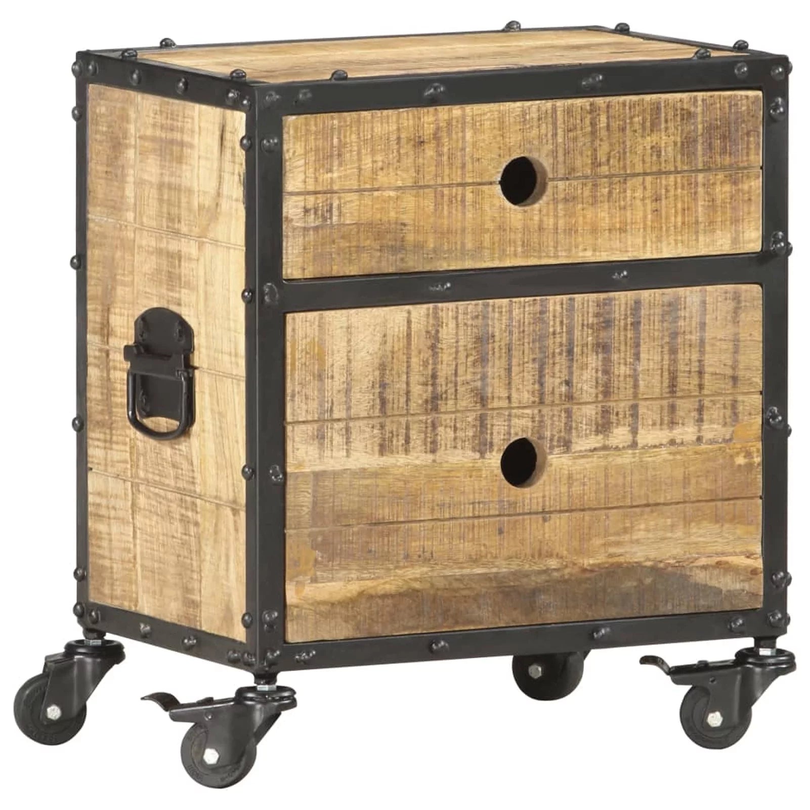 Bedside Cabinet with 2 Storage Drawer and Wheels Rough Mango Wood 15.7 x 11.8 x 19.7 Inches Z5992