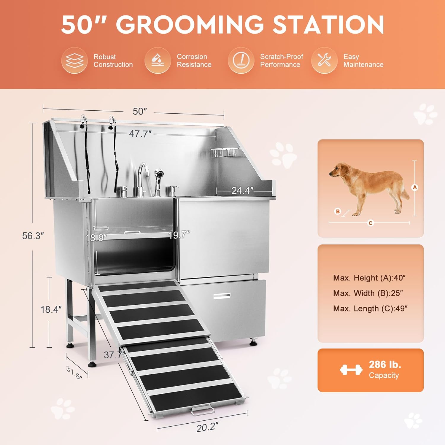 50 in. Stainless Steel Dog Grooming Tub with Ramp F677