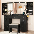 Black Vanity Desk with Lighted Mirror, 5 Drawers, 2 Cabinets, Stool, Glass Top, Sliding Jewelry Storage Shelves M97733