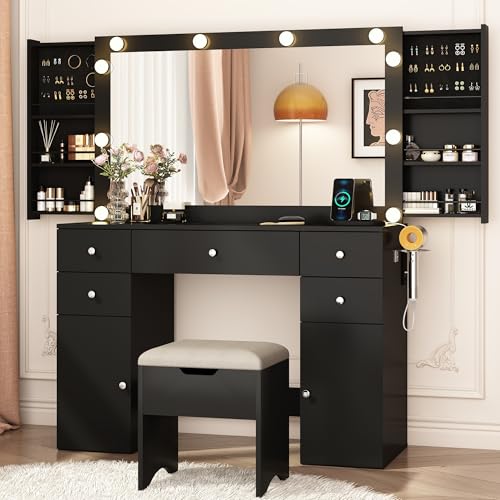 Black Vanity Desk with Lighted Mirror, 5 Drawers, 2 Cabinets, Stool, Glass Top, Sliding Jewelry Storage Shelves M97733