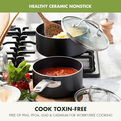 Black 3QT Hard Anodized Ceramic Nonstick Saucepan Pot with Lid U385566