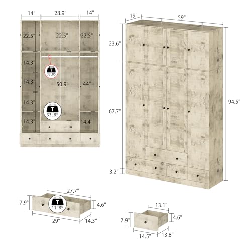 Light Brown 10 Shelves 4 Drawers Wooden Wardrobe Armoire W4624