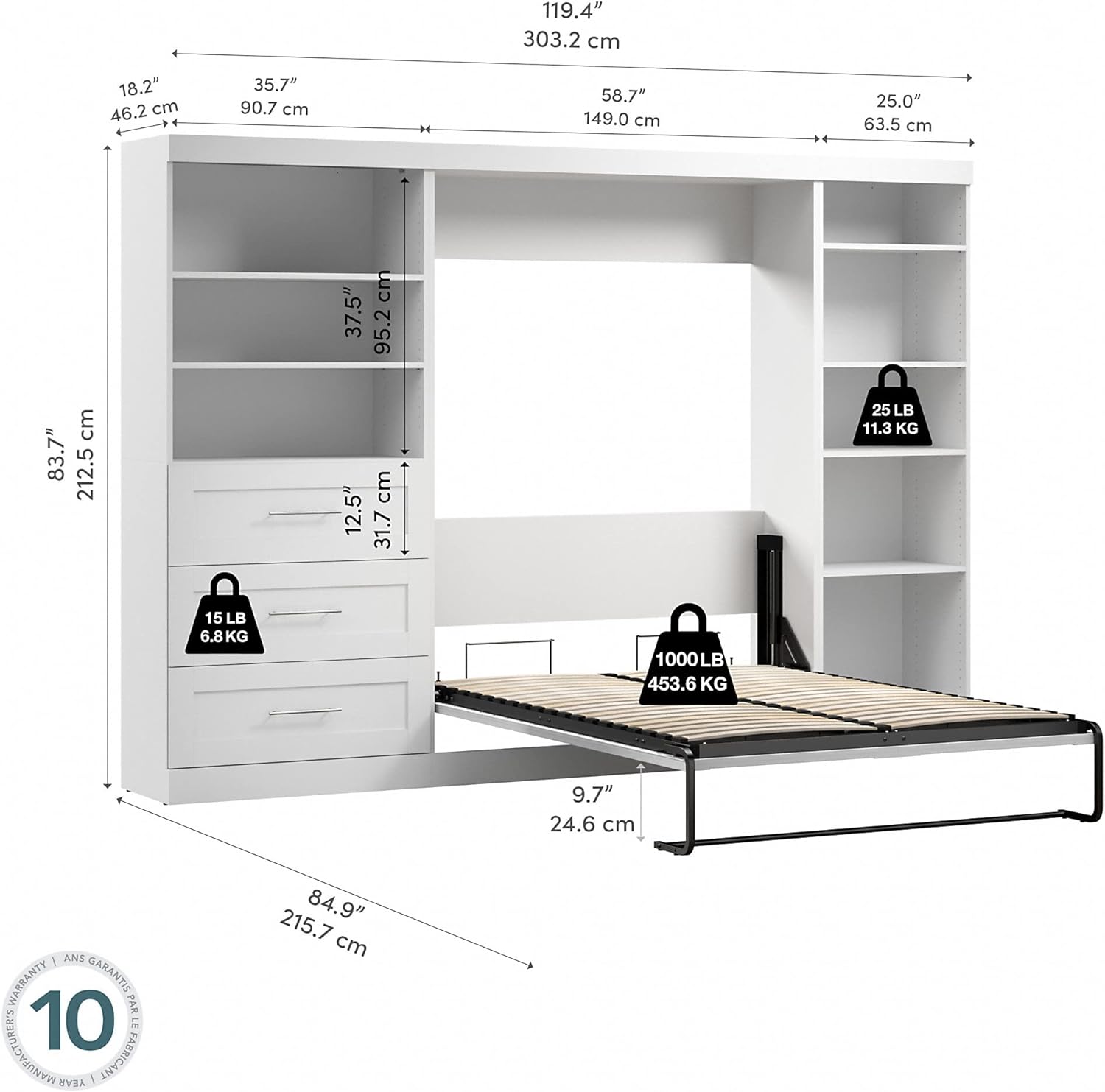 White Full Wall Bed U806