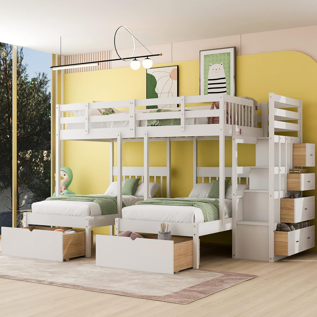 L-Shaped Triple Bunk Beds with Staircase and 2 Storage Drawers V1430