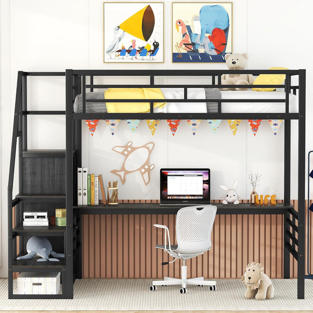 Black Full Size Metal Loft Bed with Desk and Wardrobe P72499