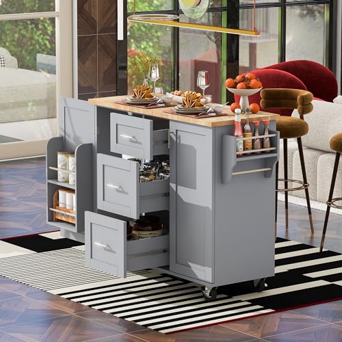Black Kitchen Cart with Wood Drop-Leaf Countertop, 2 Drawers, Adjustable Shelf M435689