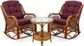 Natural Rattan Set of 2 Rocking Lounge Chairs with Dark Brown Cushions and Round Coffee Table with Glass V87549