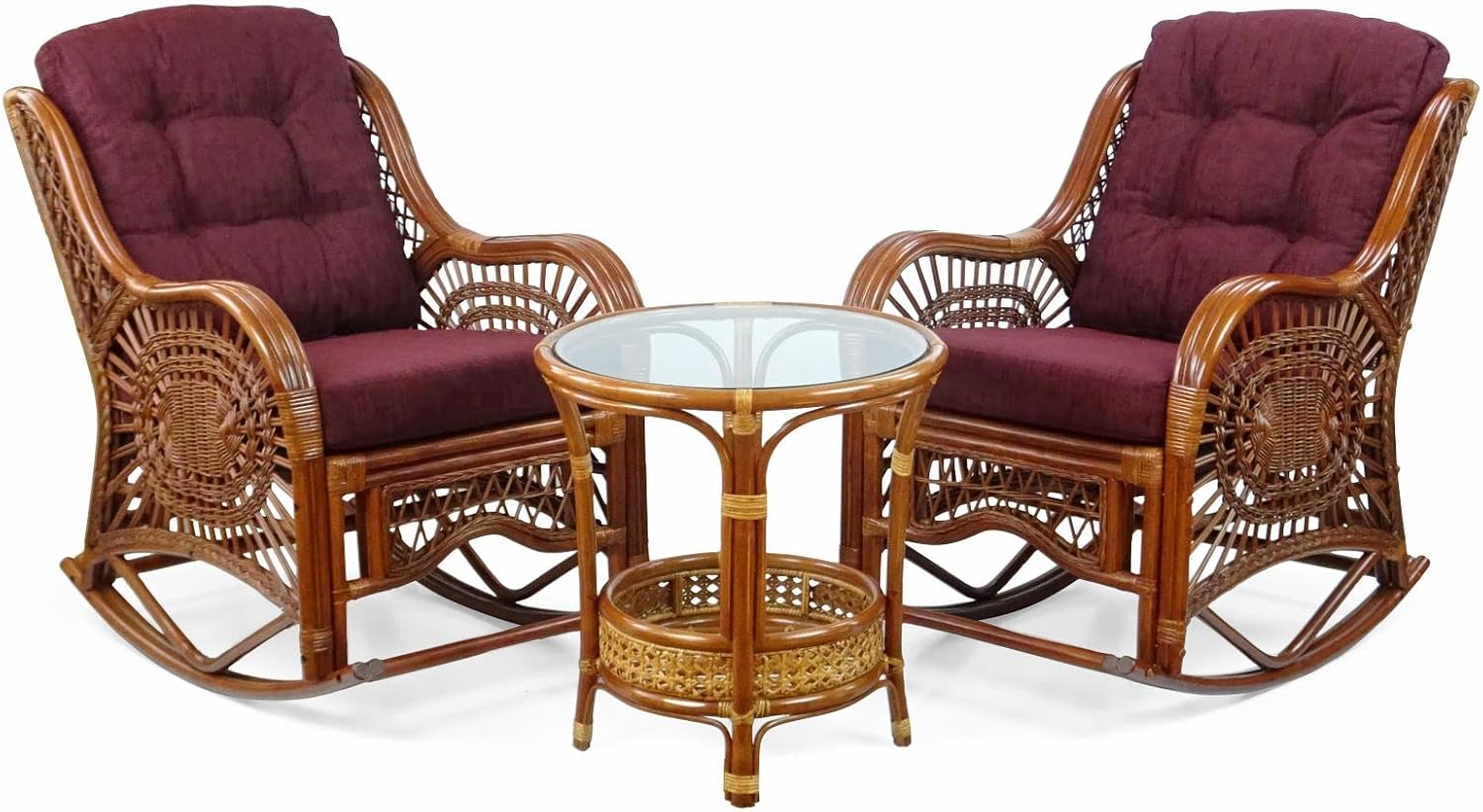 Natural Rattan Set of 2 Rocking Lounge Chairs with Dark Brown Cushions and Round Coffee Table with Glass V87549