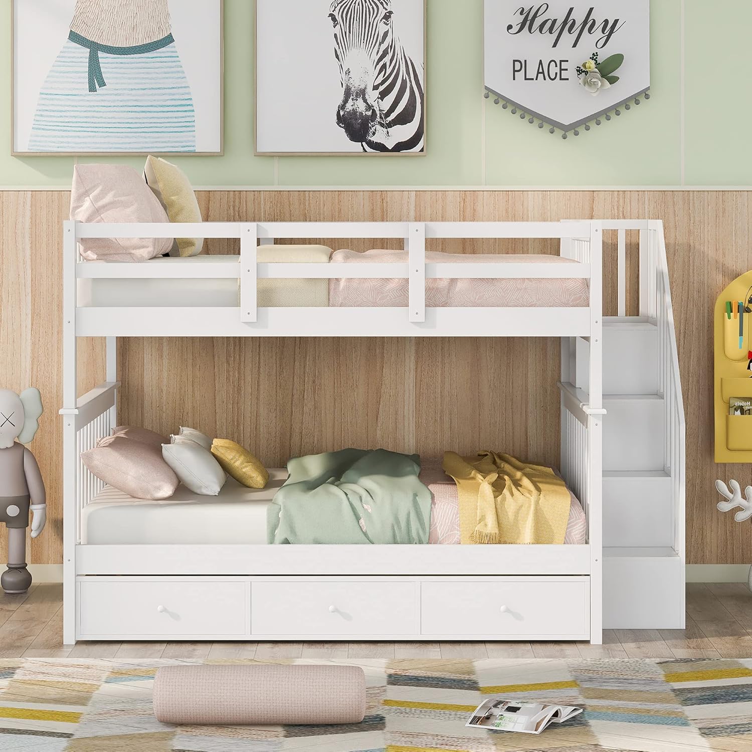 White Full Over Full Wooden Bunk Bed with Stairs and Storage Drawers L13742