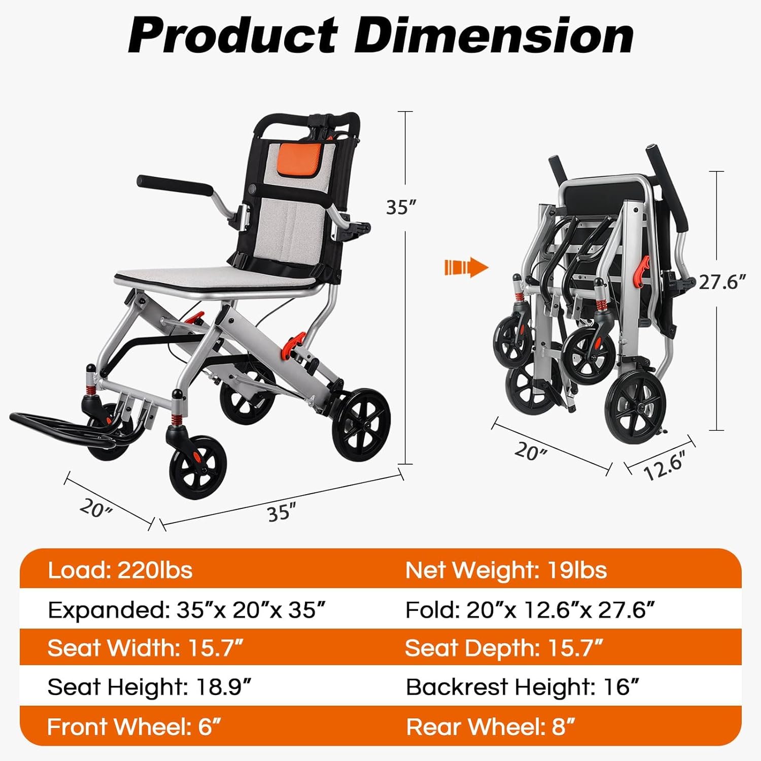 Lightweight Aluminum Folding Transport Wheelchair D305