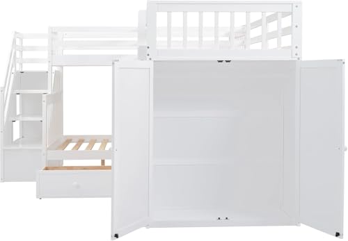 Twin-Twin Over Full Triple Bunk Bed with Storage Stairs, Wardrobe and Desk, Solid Wood L-Shaped 3 Bunk Bed with Ladder, Shelves, Headboard, Guardrail (Grey) H7213
