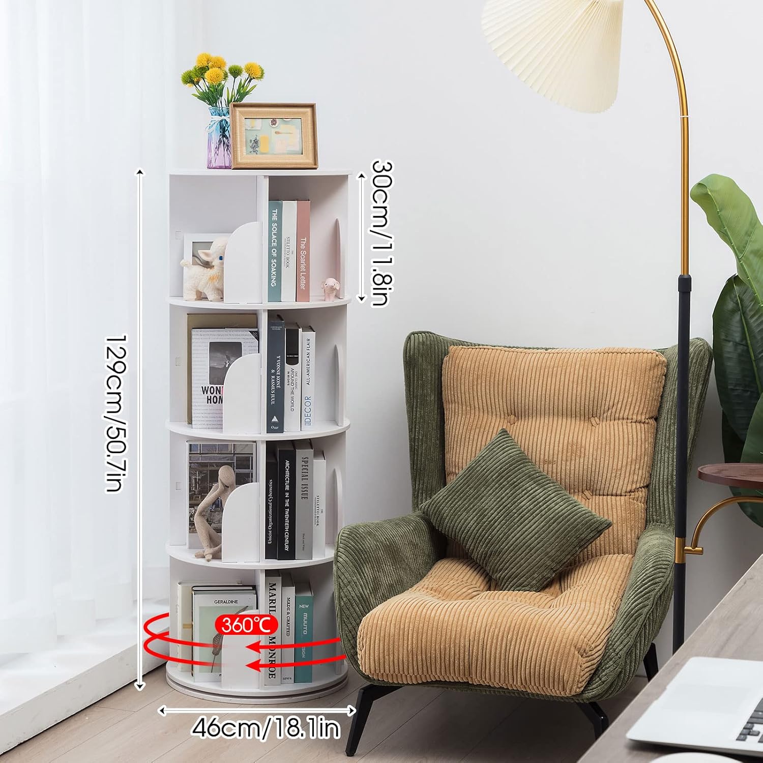 White 4 Tier 360 Rotating Wood Bookshelf B34514