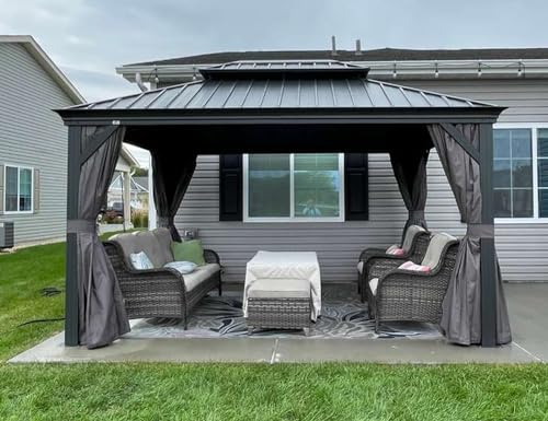 Grey Aluminum Hardtop Gazebo with Double Roof, Curtains and Netting Included L24881