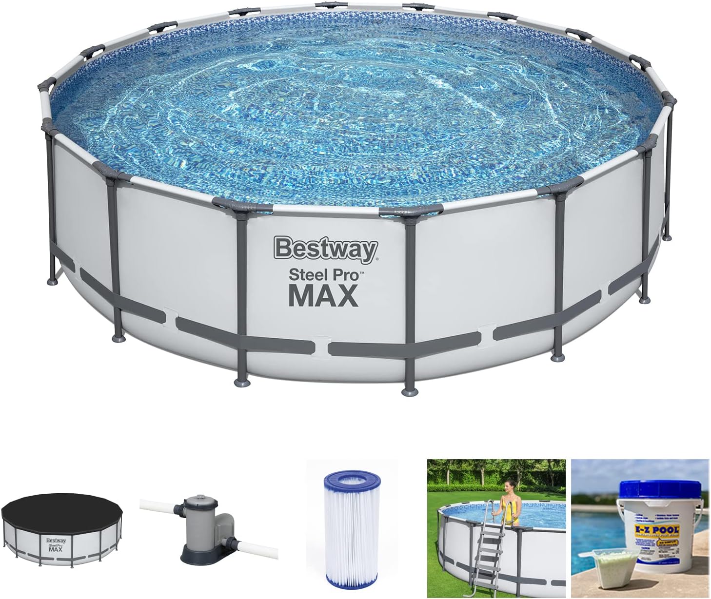 16 x 4 Foot Steel Frame Above Ground Round Swimming Pool Set with Ladder, Cover, Filter Pump P6455