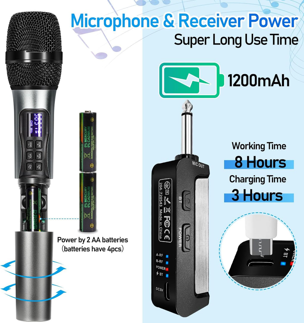 Wireless Handheld Dynamic Cordless Microphone with Rechargeable Bluetooth Receiver, UHF 200 FT Range, 6.5mm/3.5mm Output O430