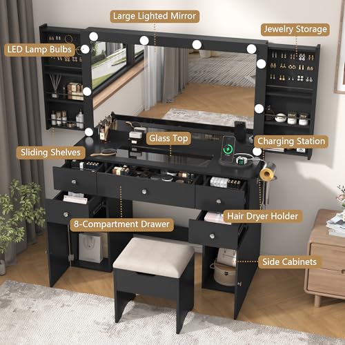 Black Vanity Desk with Lighted Mirror, 5 Drawers, 2 Cabinets, Stool, Glass Top, Sliding Jewelry Storage Shelves M97733