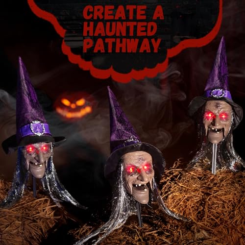 3-Pack Halloween Animatronic Witch Stakes with Sound, Light-Up Eyes, Moving Mouth T944
