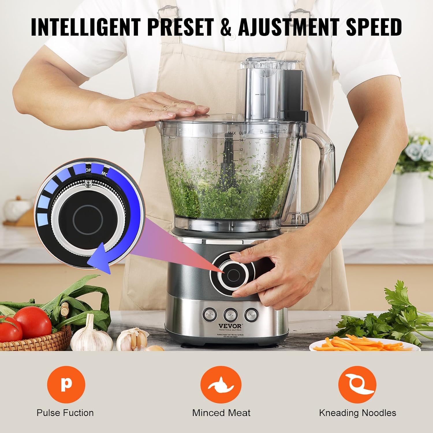 650W 14-Cup Vegetable Chopper 2-Speed Stainless Steel Blade Electric Food Processor, Gray N78680