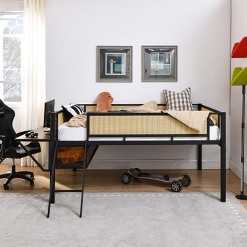Metal Loft Bed with LED Lights Bunk Bed with Rectangular Desk Bed Frame with Storage Shelves and Hanging Storage Compartments F187