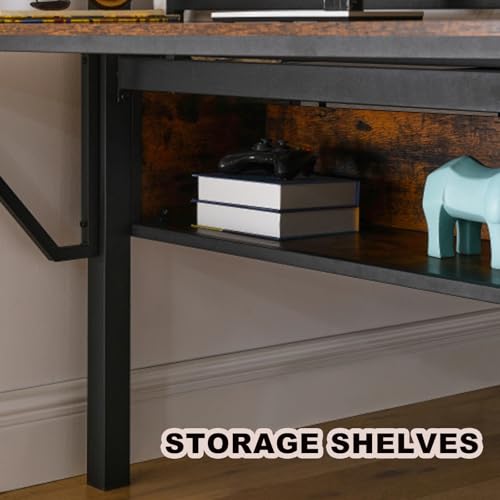 Metal Loft Bed with LED Lights Bunk Bed with Rectangular Desk Bed Frame with Storage Shelves and Hanging Storage Compartments F187