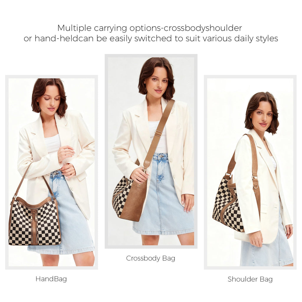 Ounamei Checkered Hobo Tote Bag with a Pouch for Women | PU Leather & Canvas Shoulder & Crossbody Handbag for Daily Use