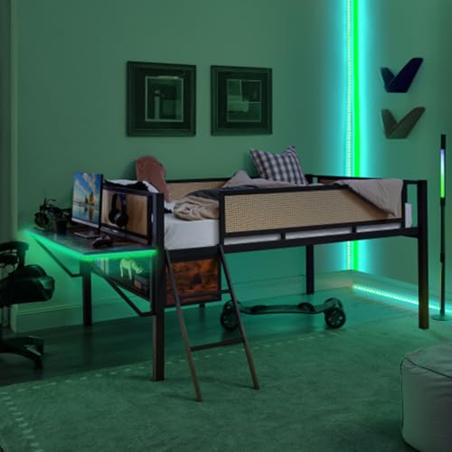 Metal Loft Bed with LED Lights Bunk Bed with Rectangular Desk Bed Frame with Storage Shelves and Hanging Storage Compartments F187