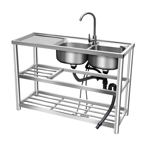 2 Compartment Stainless Steel Commercial Kitchen Utility Sink with Prep Counter K893