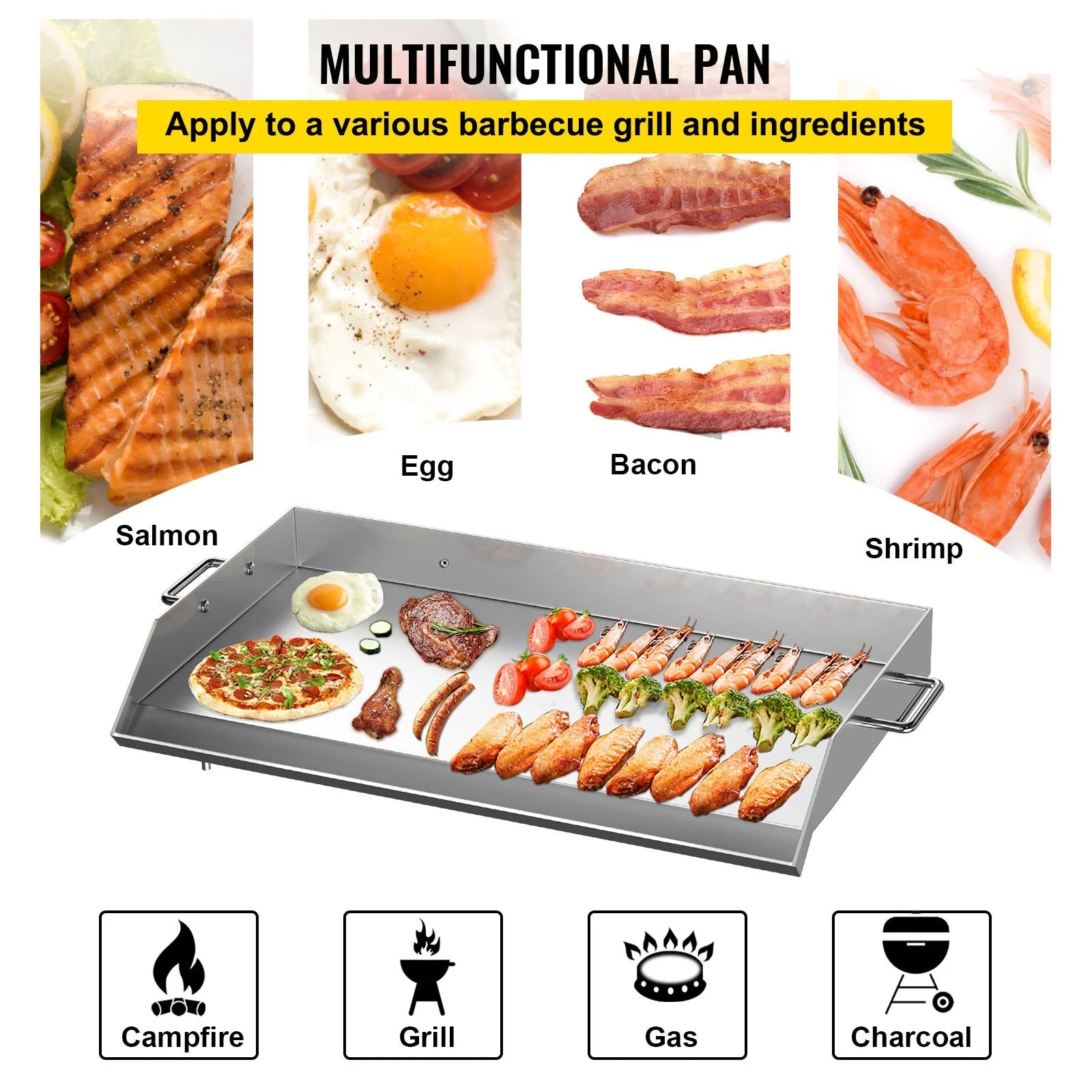 Stainless Steel Griddle Flat Top BBQ Plate with Handles and Grease Groove O67545