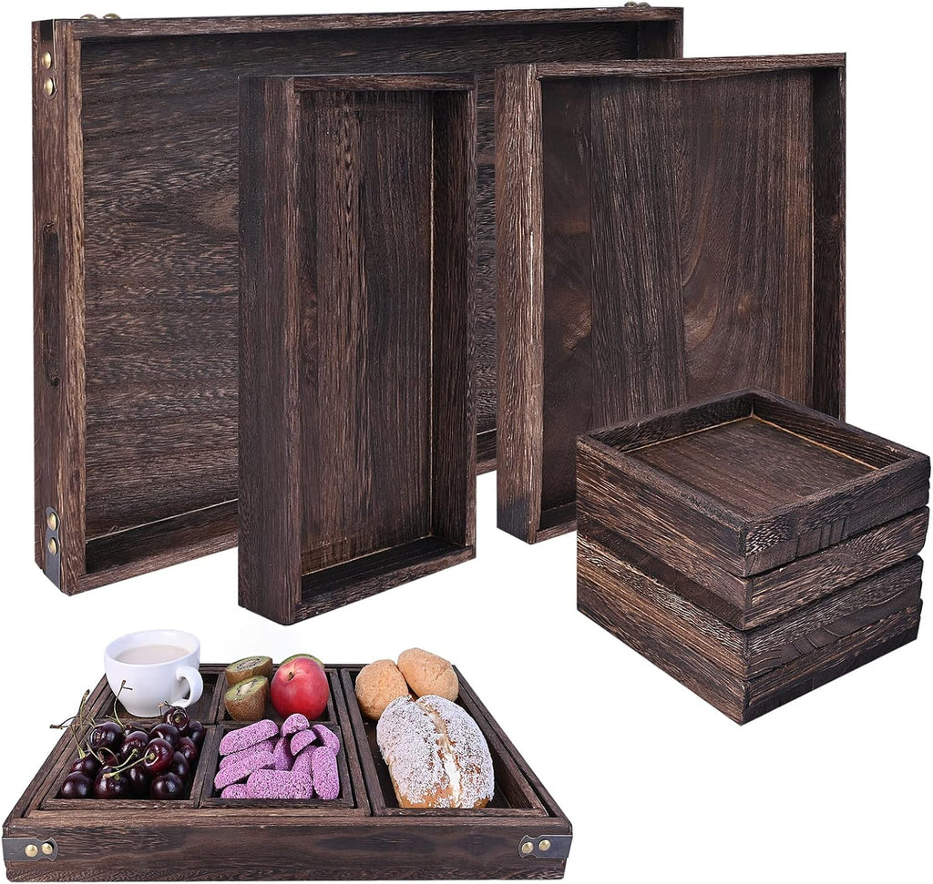 Set of 7 Rectangular Wooden Nesting Serving Trays with Handles B927