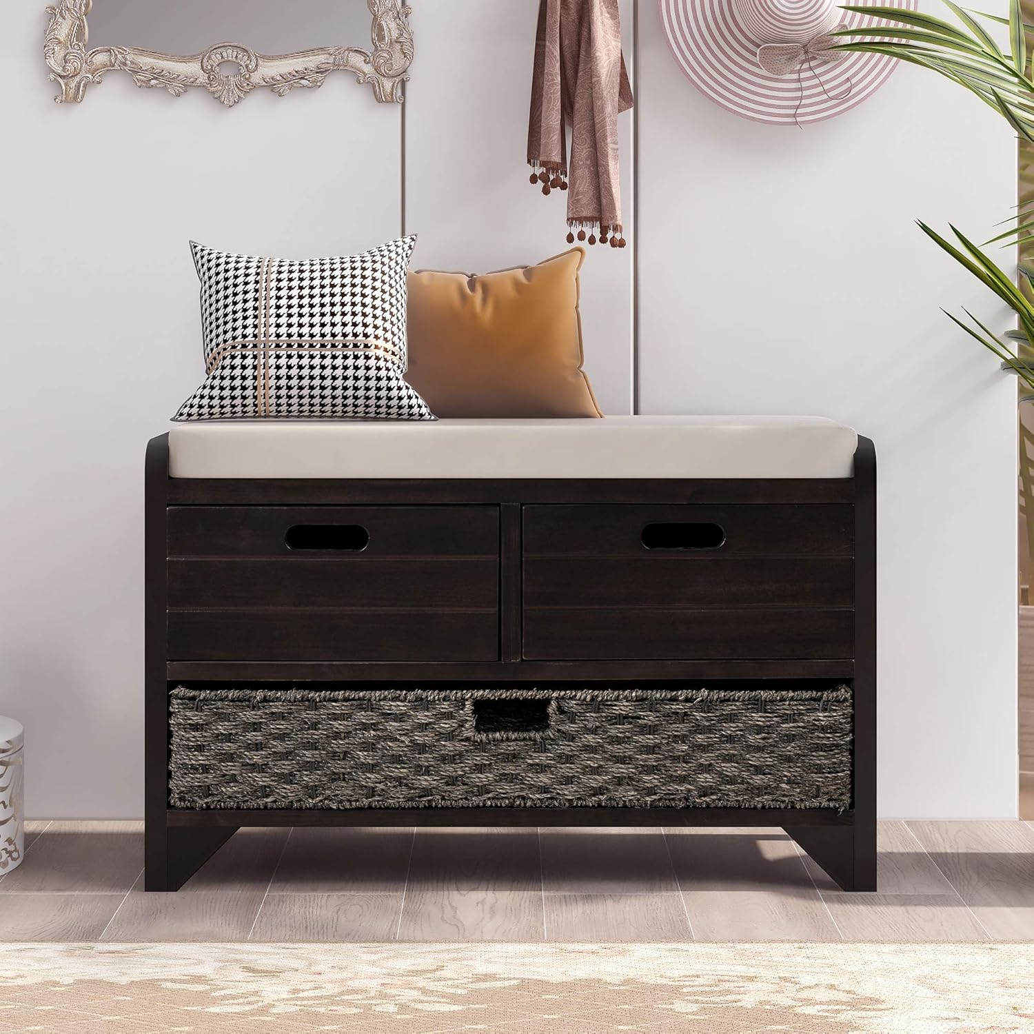 Wood Storage Bench with 1 Basket and 2 Drawers, Removable Cushion, Espresso E95442