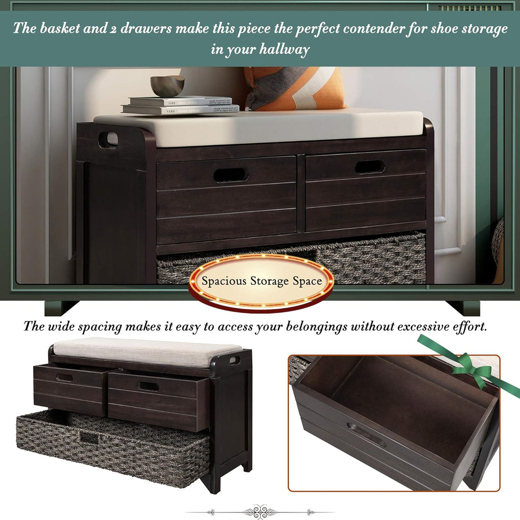 Wood Storage Bench with 1 Basket and 2 Drawers, Removable Cushion, Espresso E95442