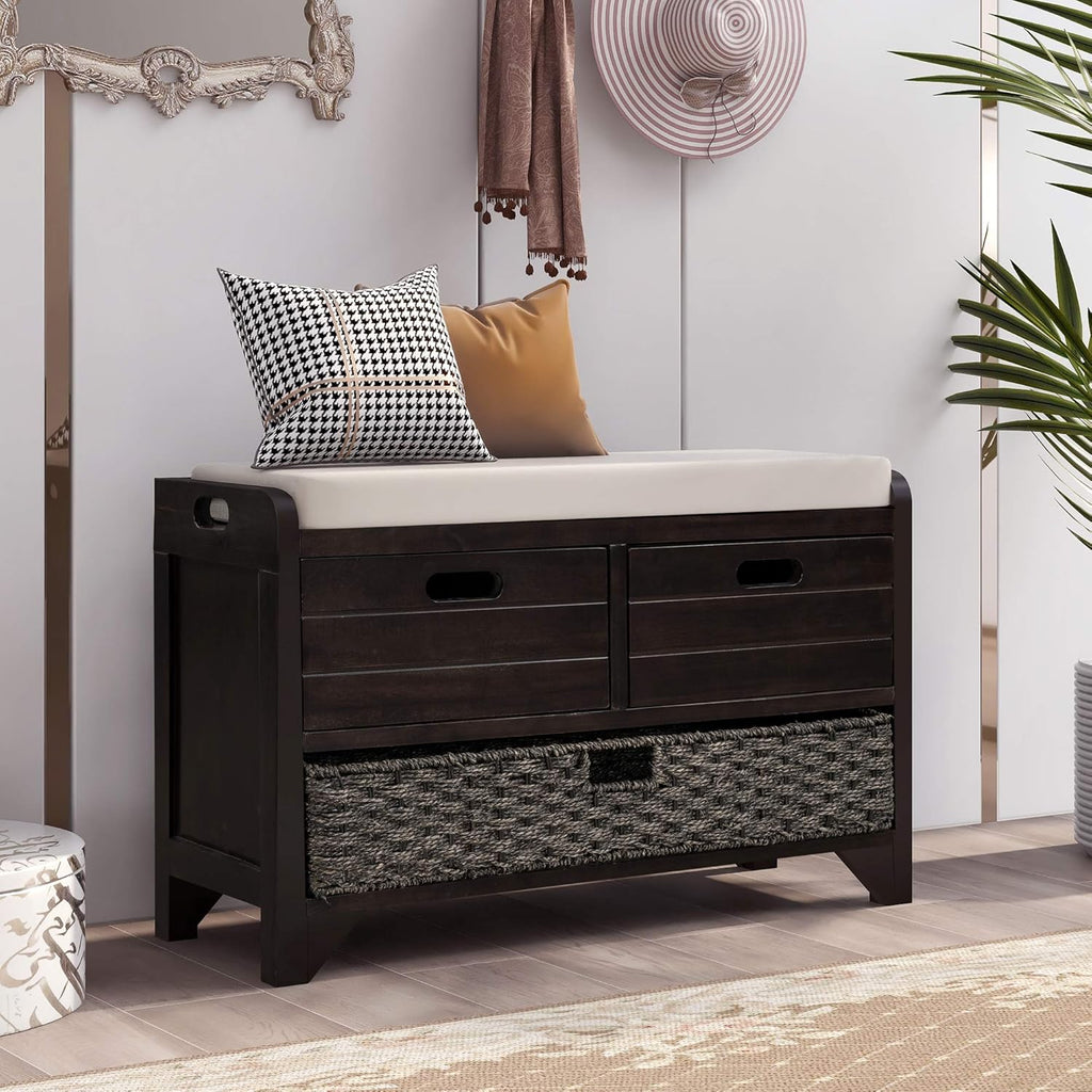 Wood Storage Bench with 1 Basket and 2 Drawers, Removable Cushion, Espresso E95442