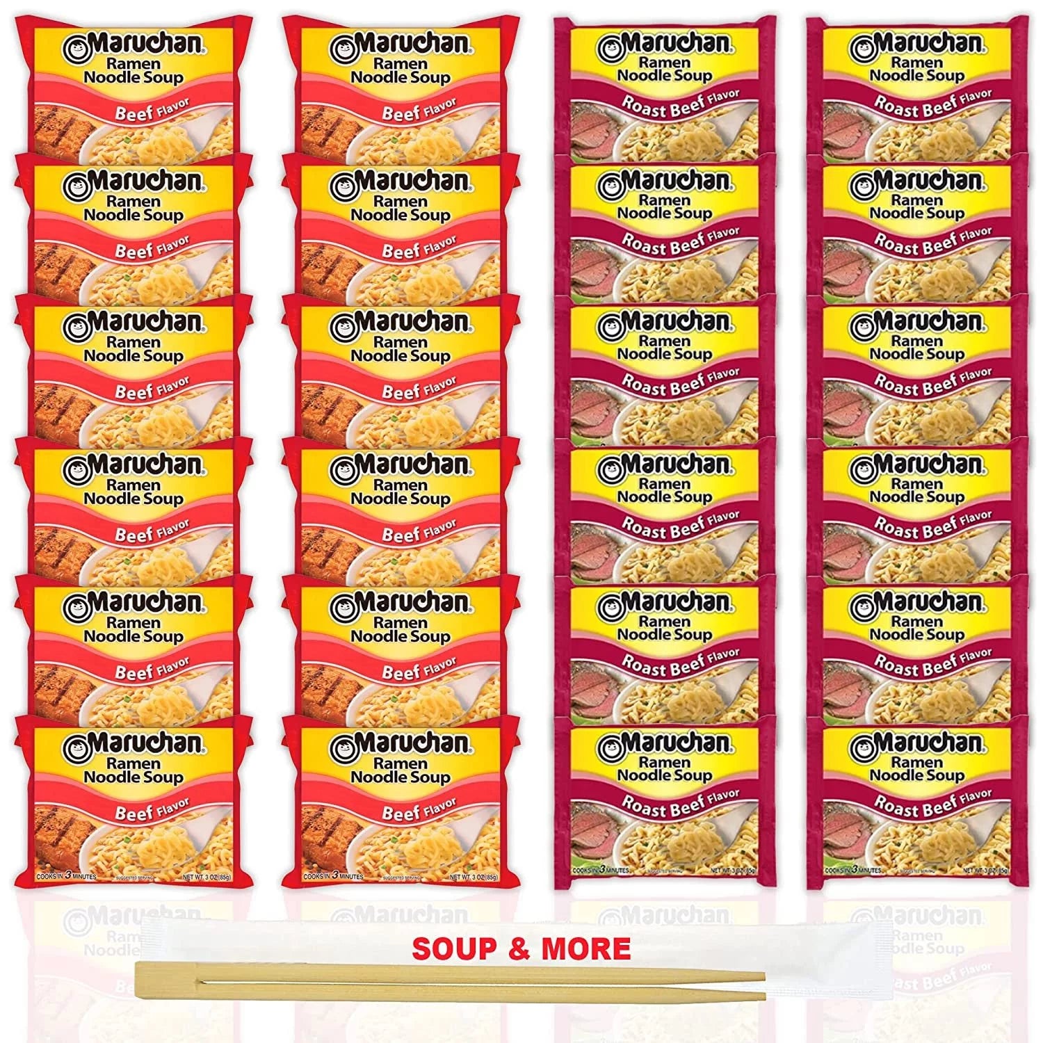 12 Packs Beef & 12 Packs Roast Beef Instant Ramen Noodle Soup, 3 Ounce N349